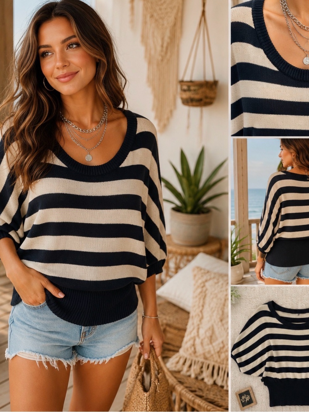 Moth Navy and Cream Striped Knit Top